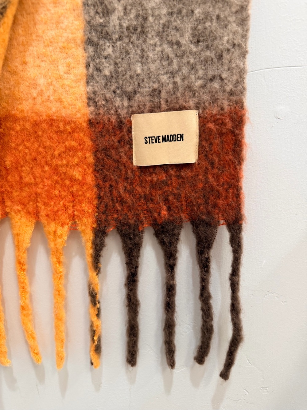 Steve Madden Multicolor Plaid Oversized Fringe Scarf Wrap Orange Brown Mint Boho - Picture 6 of 9